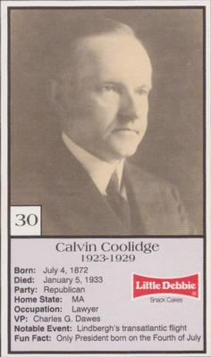 1992 Little Debbie The U.S. Presidents #30 Calvin Coolidge Front