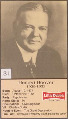1992 Little Debbie The U.S. Presidents #31 Herbert Hoover Front