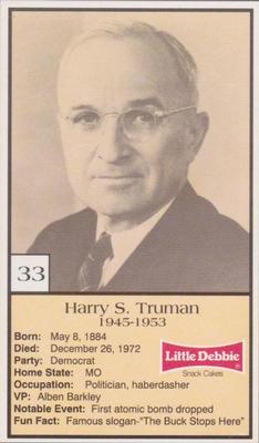 1992 Little Debbie The U.S. Presidents #33 Harry S. Truman Front
