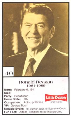 1992 Little Debbie The U.S. Presidents #40 Ronald Reagan Front