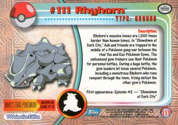 2000 Topps Pokemon TV Animation Edition Series 2 - Foil #111 Rhyhorn Back