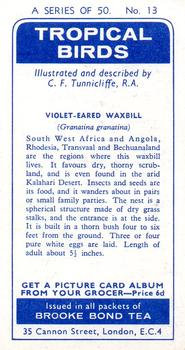 1961 Brooke Bond Tropical Birds #13 Violet-eared Waxbill Back