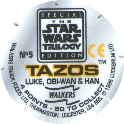 1996 Walkers Star Wars Trilogy Special Edition Tazo's #5 Luke, Obi-Wan & Han Back
