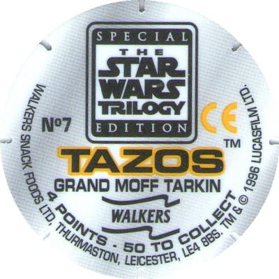 1996 Walkers Star Wars Trilogy Special Edition Tazo's #7 Grand Moff Tarkin Back