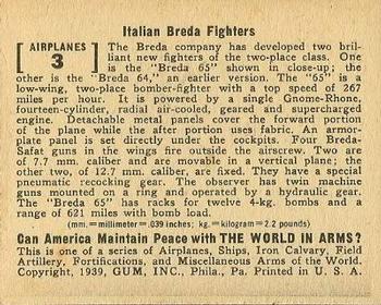 1939 Gum Inc. World In Arms (R173) #Airplanes 3 Italian Breda Fighters Back
