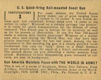 1939 Gum Inc. World In Arms (R173) #Fortifications 1 U.S. Quick-firing Rail-mounted Coast Gun Back