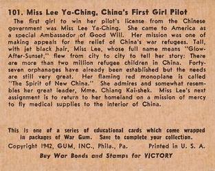1942 War Gum (R164) #101 Miss Lee Ya-Ching, China's first Girl Pilot Back