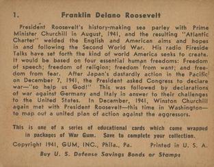 1942 War Gum (R164) #1 Franklin Delano Roosevelt Back