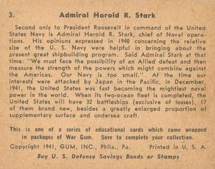 1942 War Gum (R164) #3 Admiral Harold R. Stark Back