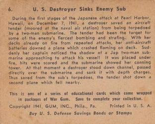 1942 War Gum (R164) #6 US Destroyer sinks Enemy Sub Back