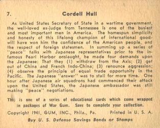 1942 War Gum (R164) #7 Cordell Hull Back