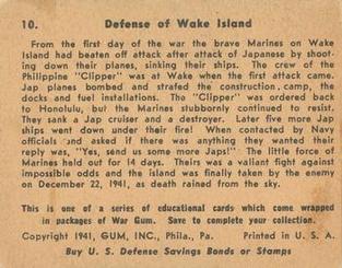 1942 War Gum (R164) #10 Defense of Wake Island Back