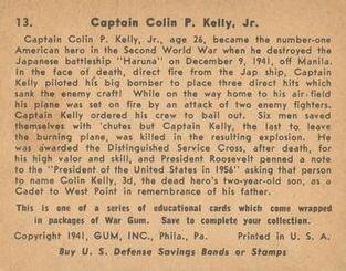 1942 War Gum (R164) #13 Captain Colin P. Kelly Jr. Back