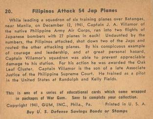 1942 War Gum (R164) #20 Filipinos attack 54 Jap planes Back