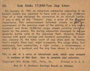 1942 War Gum (R164) #33 Sub sinks 17,000-ton Jap Lines Back