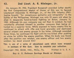 1942 War Gum (R164) #43 2nd Lieut. A.R. Niniger, Jr. Back
