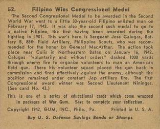 1942 War Gum (R164) #52 Filipino Wins Congressional Medal Back