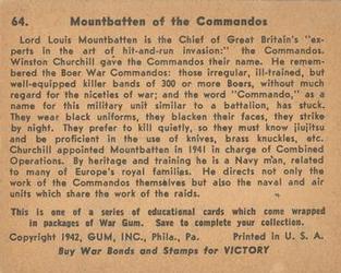 1942 War Gum (R164) #64 Mountbatten of the Old Commandos Back