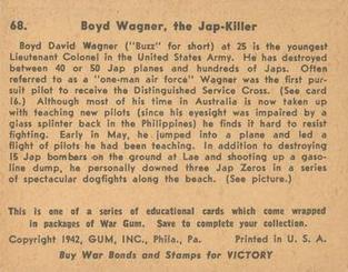 1942 War Gum (R164) #68 Boyd Wagner, The Jap Killer Back