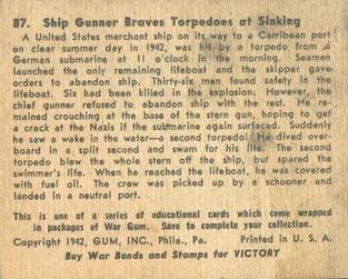 1942 War Gum (R164) #87 Ship Gunner Braves Torpedos in Sinking Back