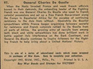 1942 War Gum (R164) #97 General Charles De Gaulle Back