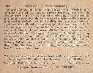 1942 War Gum (R164) #102 Marshall Semion Budenny Back
