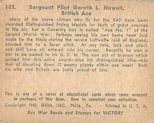 1942 War Gum (R164) #103 Sergeant Gareth L. Nowell, British Ace Back