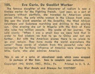 1942 War Gum (R164) #105 Eve Curie, De Gaulist Worker Back