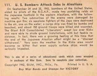 1942 War Gum (R164) #111 US Bombers Attack Subs in Aleutians Back