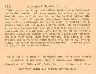 1942 War Gum (R164) #127 Youngest Soviet Soldier Back