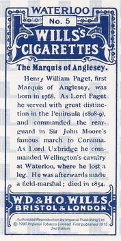 1990 Imperial 1915 Wills's Waterloo (reprint) #5 The Marquis of Anglesey Back