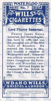 1990 Imperial 1915 Wills's Waterloo (reprint) #7 Lord Fitzroy Somerset Back