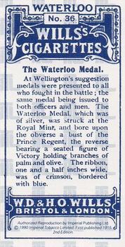 1990 Imperial 1915 Wills's Waterloo (reprint) #36 The Waterloo Medal Back
