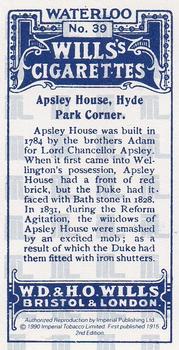 1990 Imperial 1915 Wills's Waterloo (reprint) #39 Apsley House, Hyde Park Corner Back