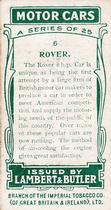 1922 Lambert & Butler Motor Cars #6 Rover Back