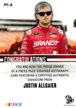 2015 Press Pass Cup Chase - Press Pass Signings #PPS-JA Justin Allgaier Back