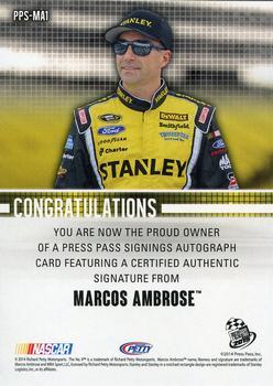2015 Press Pass Cup Chase - Press Pass Signings #PPS-MA1 Marcos Ambrose Back