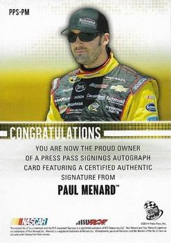 2015 Press Pass Cup Chase - Press Pass Signings #PPS-PM Paul Menard Back