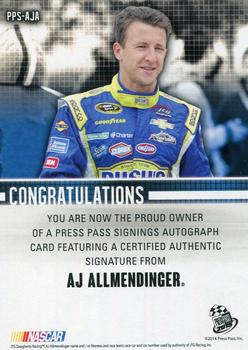 2015 Press Pass Cup Chase - Press Pass Signings Blue #PPS-AJA A.J. Allmendinger Back