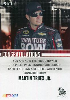 2015 Press Pass Cup Chase - Press Pass Signings Blue #PPS-MTJ Martin Truex Jr. Back