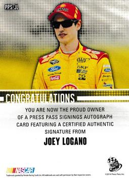 2015 Press Pass Cup Chase - Press Pass Signings Blue #PPS-JL Joey Logano Back