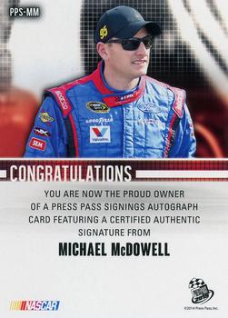 2015 Press Pass Cup Chase - Press Pass Signings Blue #PPS-MM Michael McDowell Back