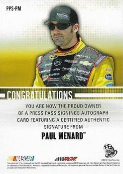 2015 Press Pass Cup Chase - Press Pass Signings Red #PPS-PM Paul Menard Back