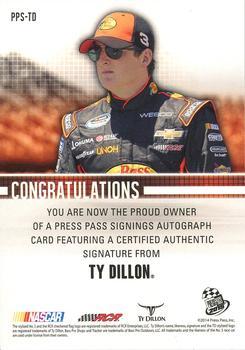 2015 Press Pass Cup Chase - Press Pass Signings Red #PPS-TD Ty Dillon Back