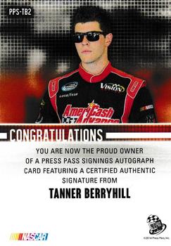 2015 Press Pass Cup Chase - Press Pass Signings Green #PPS-TB2 Tanner Berryhill Back