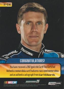 2012 Press Pass Ignite - Materials Autographs Silver #II-CE Carl Edwards Back