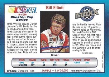 1993 Maxx Premier Series #NNO Bill Elliott Sample Back