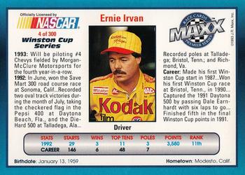 1993 Maxx Premier Series #4 Ernie Irvan Back
