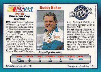 1993 Maxx Premier Series #39 Buddy Baker Back