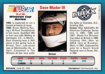 1993 Maxx Premier Series #65 Dave Mader Back